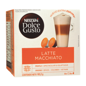 Cápsulas Nescafé Dolce Gusto Latte Macchiato 8 tazas preparadas.