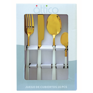 SET CUBIERTOS ATTICO 16 PIEZAS BLANCO CON DORADO QD3059-16