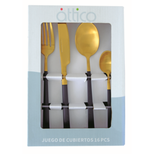 SET CUBIERTOS ATTICO 16 PIEZAS NEGRO CON DORADO QD3059-16